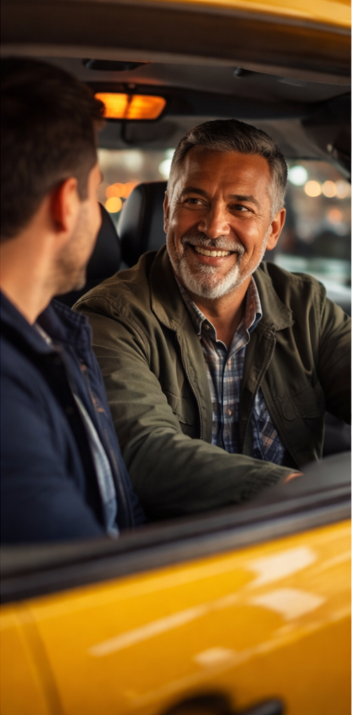 A cab driver having a meaningful conversation with a passenger