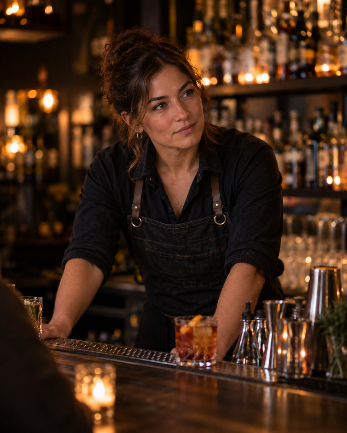 A bartender listening carefully to someone at the bar