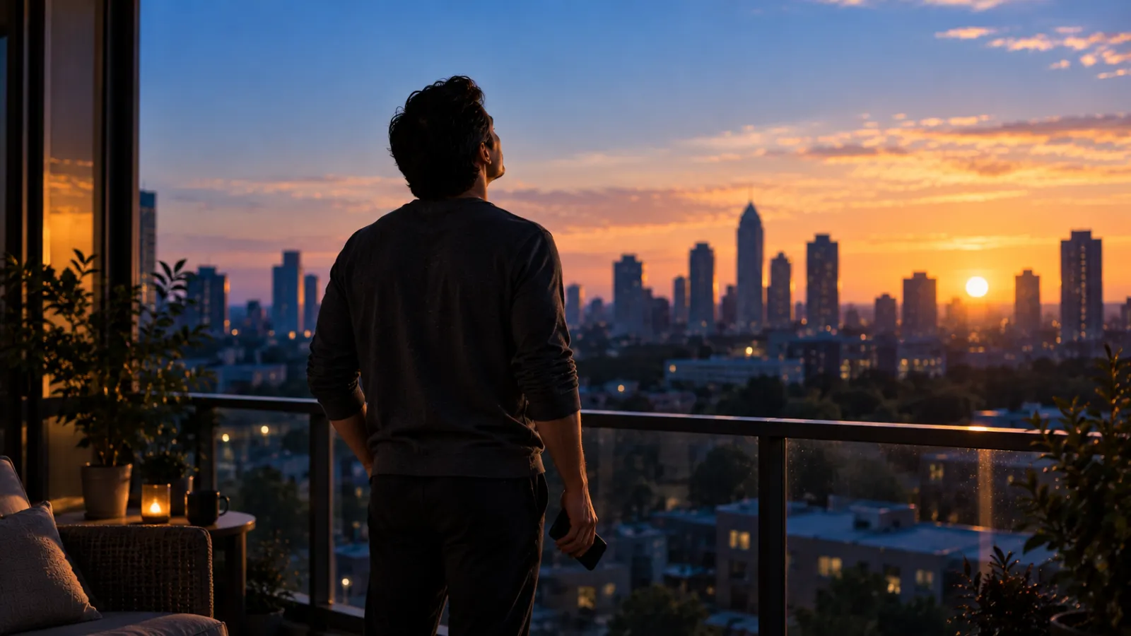 A person on a balcony at sunrise looking out over the city