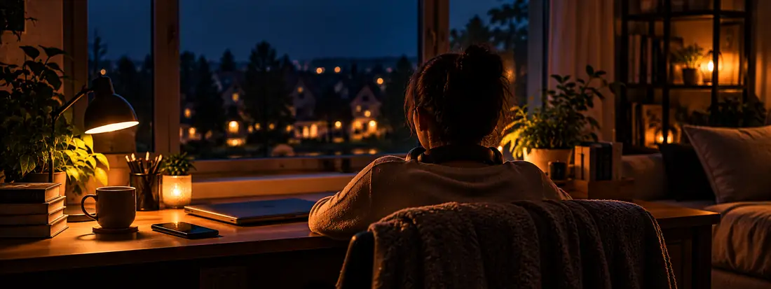Hands turning a phone face-up on a desk beside a lamp and a mug