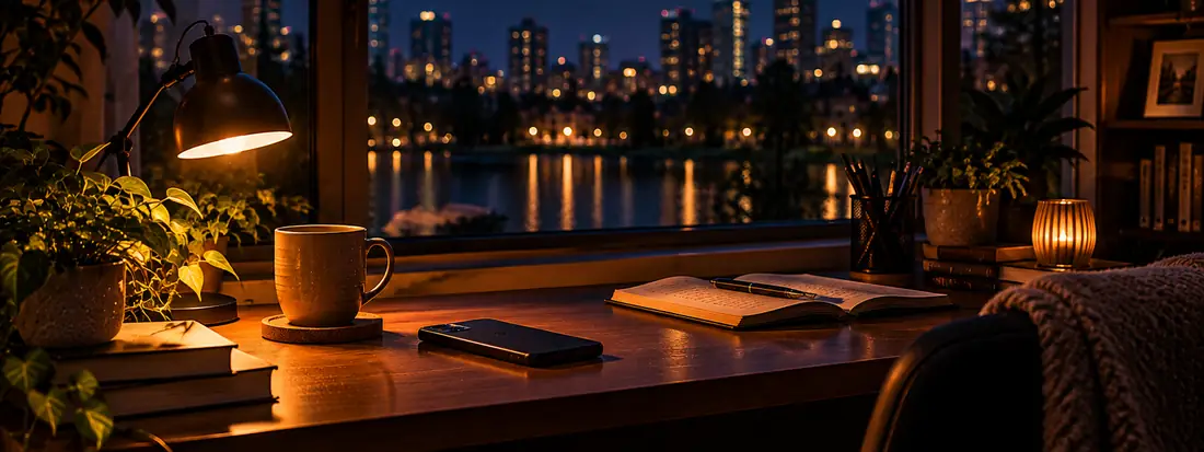 A phone lying face-down on a wooden desk beside a mug and lamp, city lights reflected in water at night behind