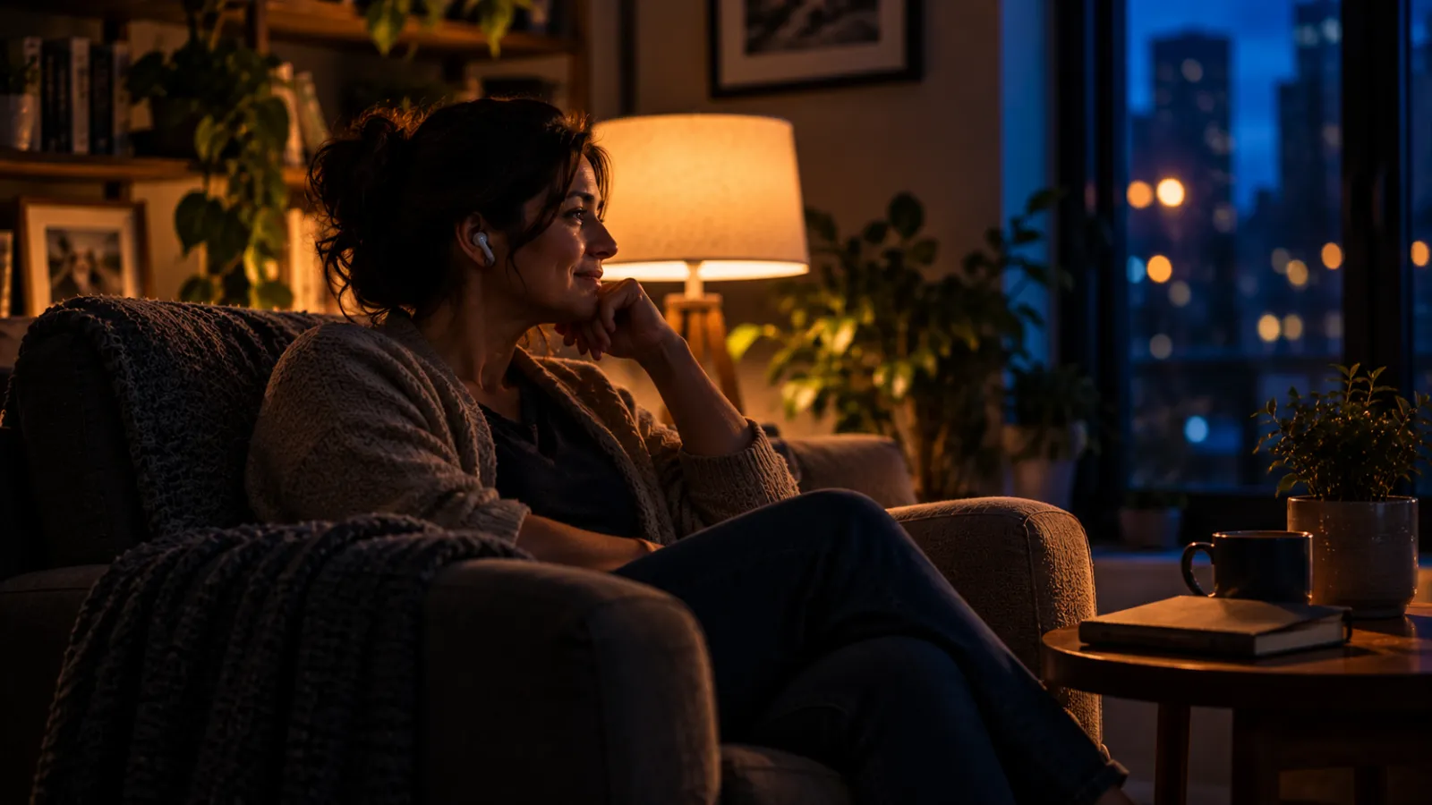 A woman in an armchair at home in the evening, listening attentively