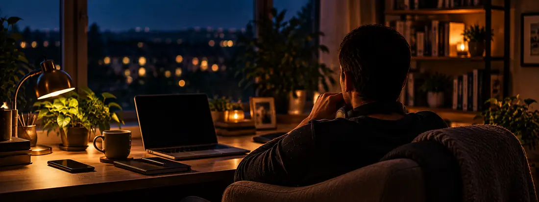 Over-the-shoulder view of a person at a desk in the evening, hand resting on a closed notebook beside a laptop