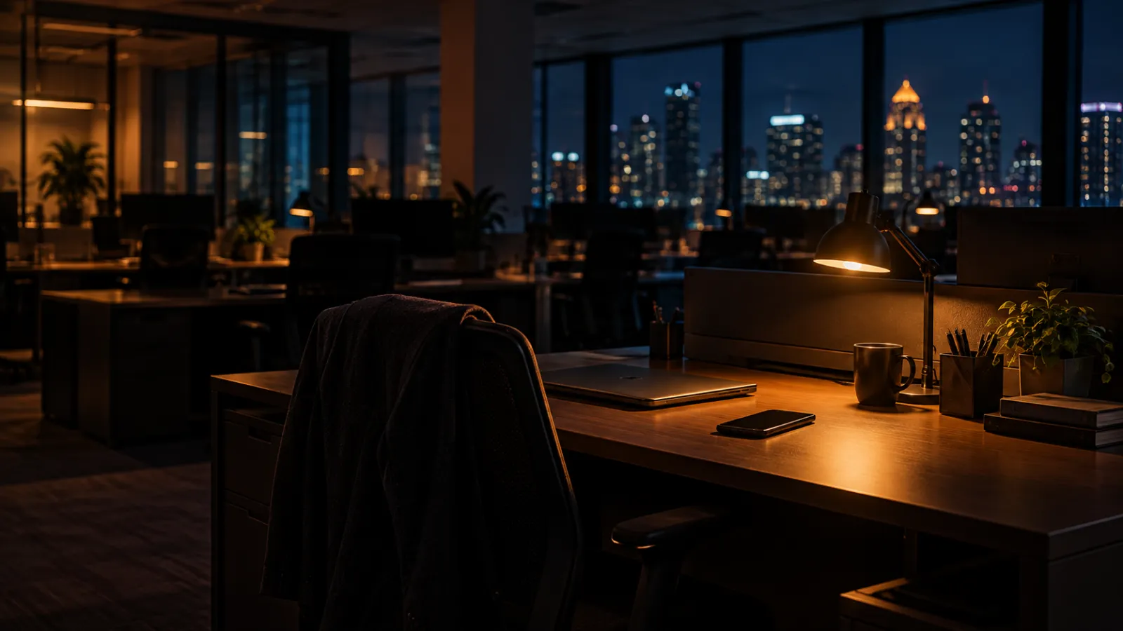 An empty office at night with one desk lamp on and a phone left on the desk
