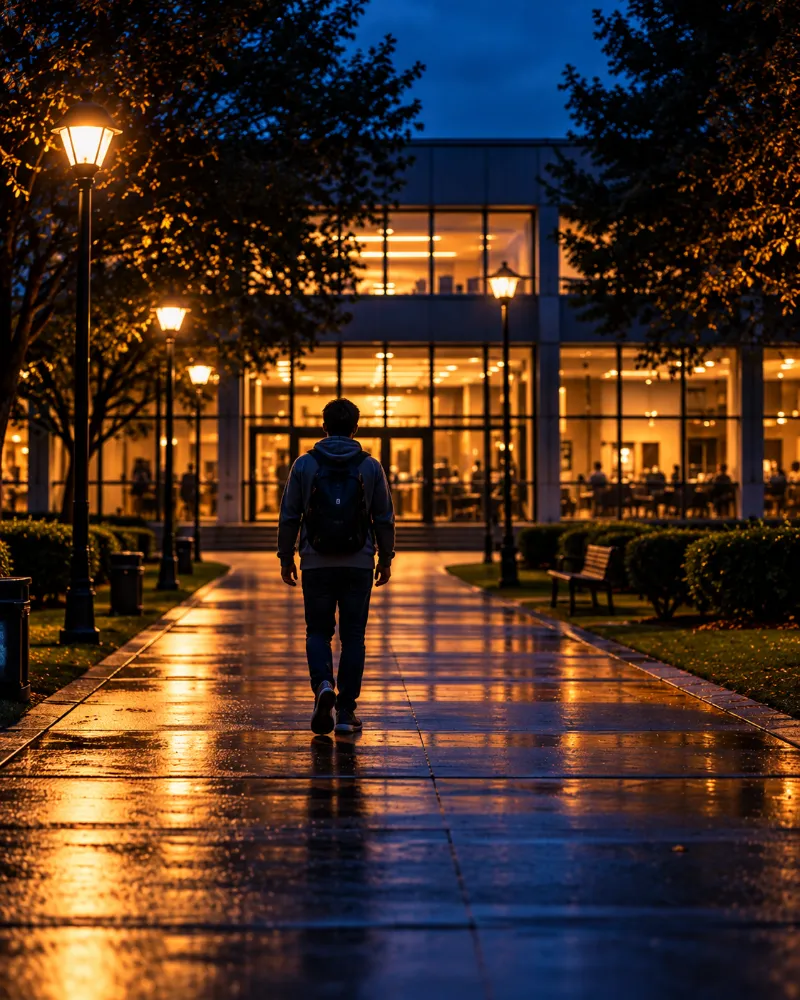 A student walking alone along a lamp-lit campus path at night