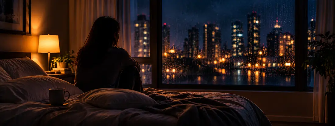 A person sitting on the edge of a bed in a half-packed apartment at dusk