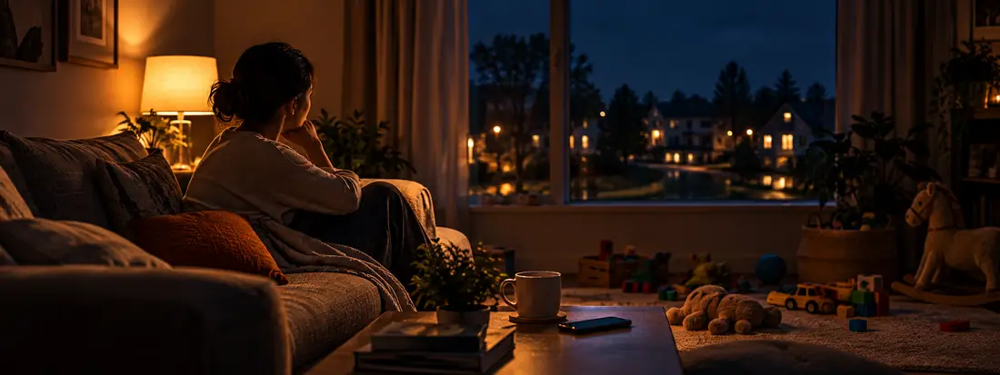 A mother sitting alone at the kitchen table late at night with a cup of tea