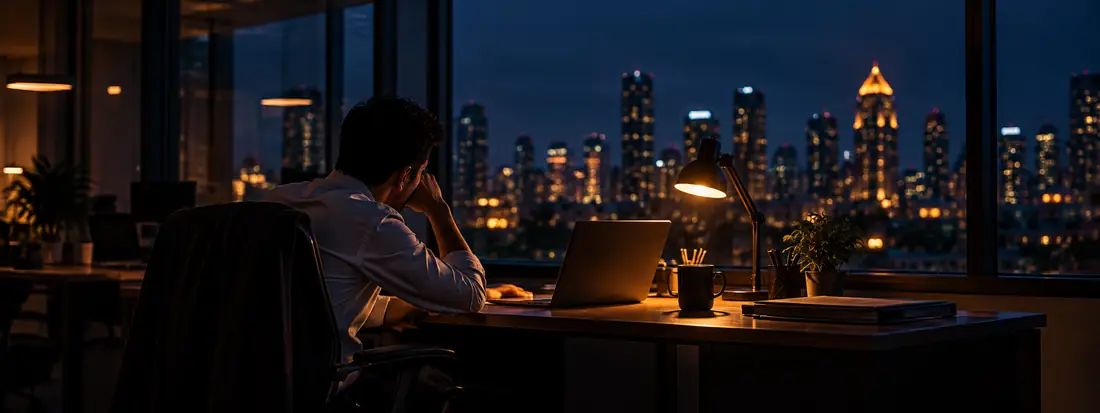 A professional sitting alone in a parked car in a garage at night