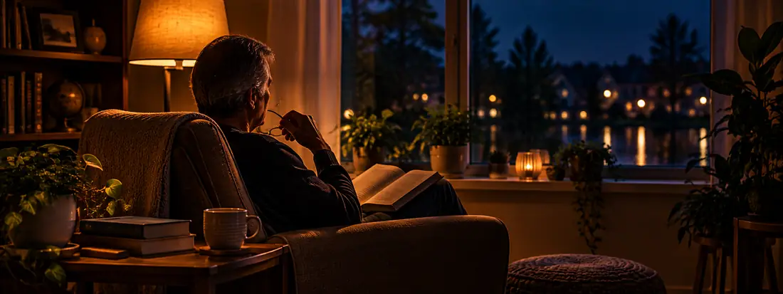 An older man in a lamp-lit living room, smiling as he holds his phone