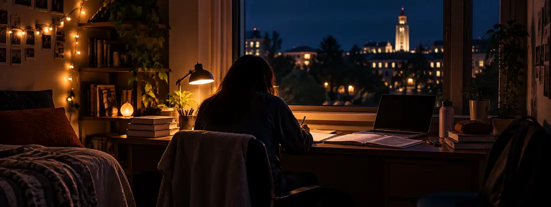 A university student sitting on a dorm room floor at night, phone in hand